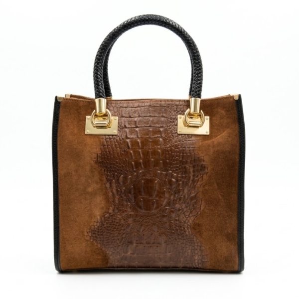 Brown women's handbag made of genuine leather and suede, featuring a crocodile print and black handles.