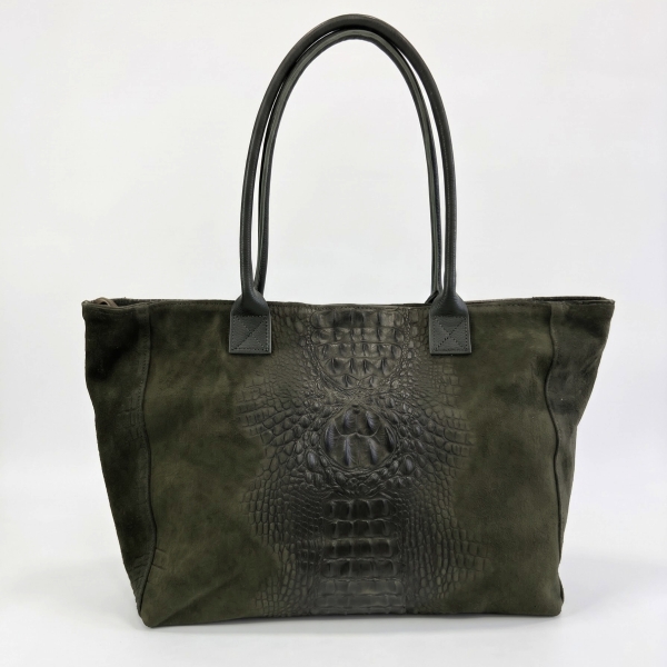 Elegant olive-green women’s bag in suede and leather with a crocodile-effect accent