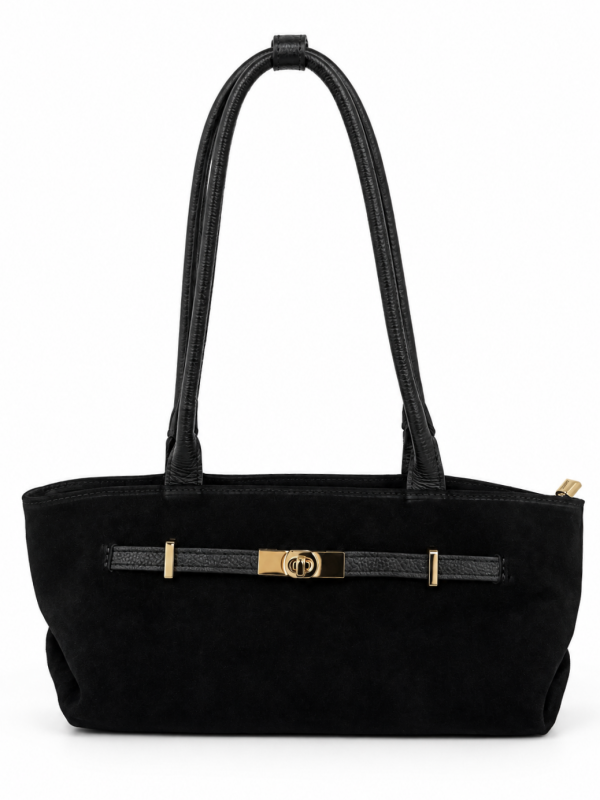 Front view of a black suede women's handbag with a gold-tone clasp, by Unique Fashion