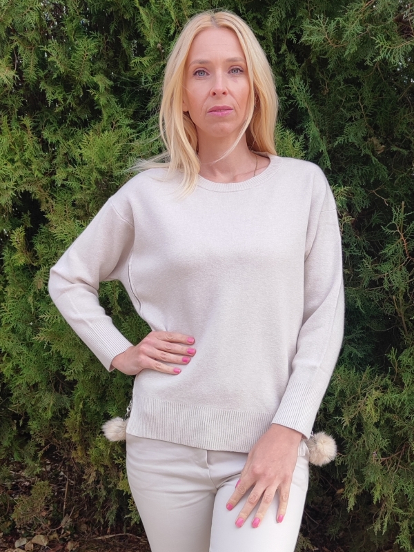 Women's sweater with pompoms in beige