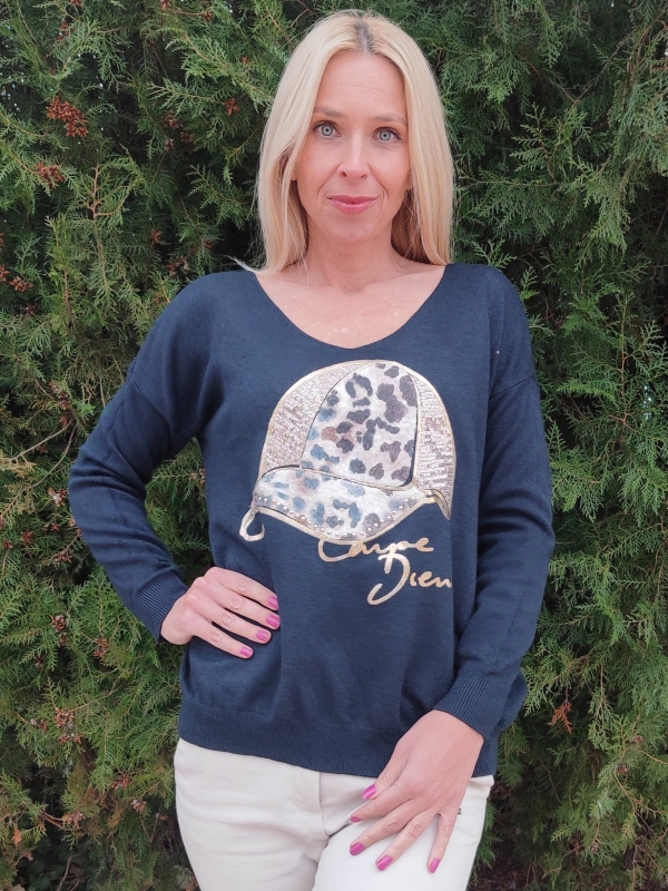 Women's sweater in blue with a leopard print hat