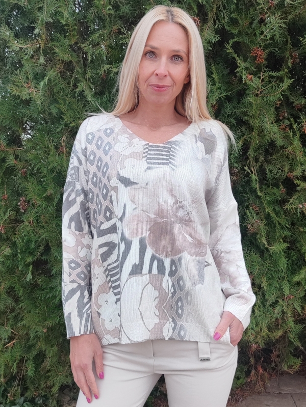 Women's sweater with golden effect and abstract print