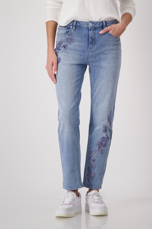 Women's jeans with purple embroidery and sequins