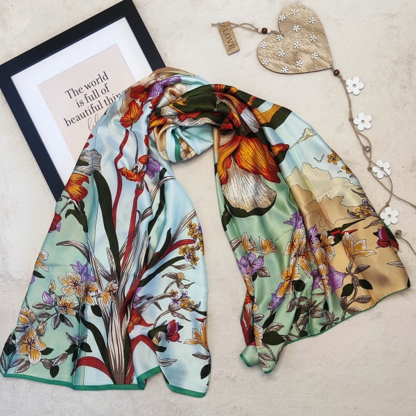 Modern women's scarf in mint with a floral design - an elegant accessory