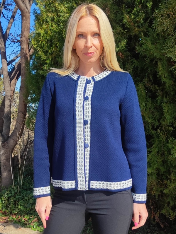 Elegant women's cardigan in navy blue with white trim