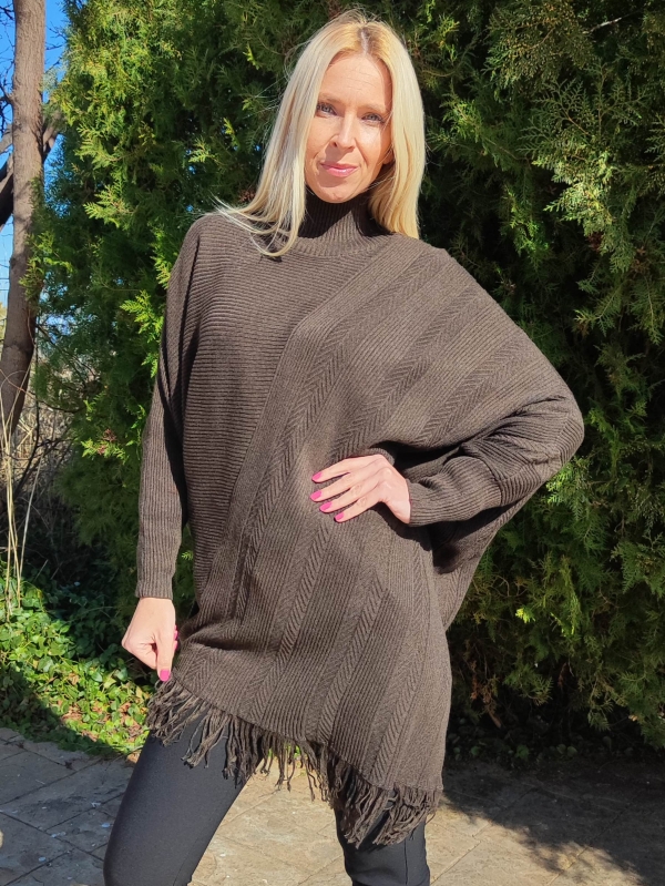 Asymmetric maxi tunic with fringes in dark brown