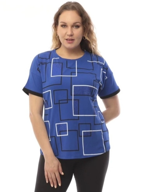 Maxi blouse in blue with geometric print and short sleeves