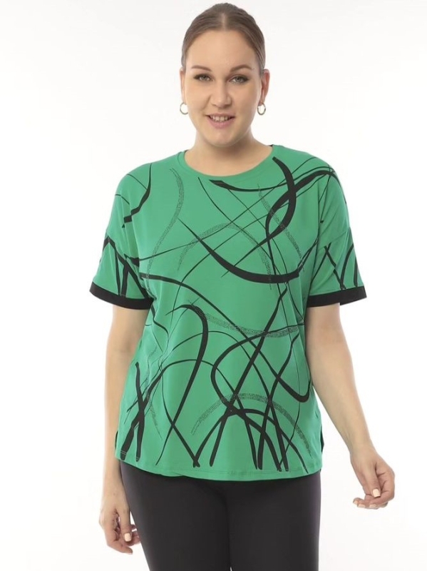 Maxi blouse in green with geometric print and short sleeves