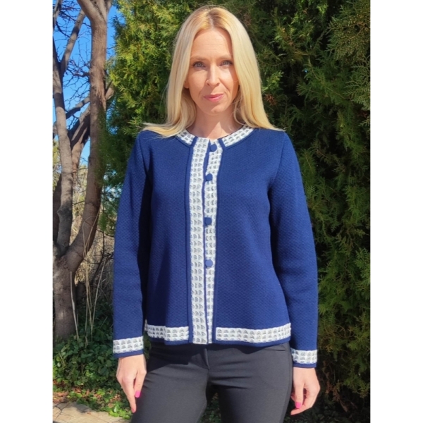 Елегантна дамска жилетка в тъмносиньо с бял кант