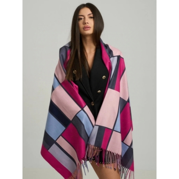 Дамски кашмирен шал с геометричен принт с цикламено