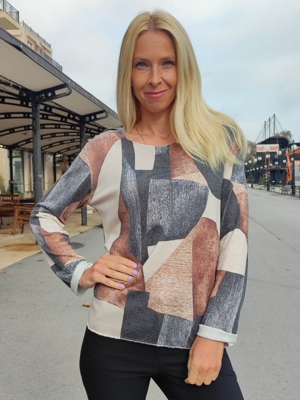 Дамски блуза с геометричен принт в сиво,кафяво и бежово