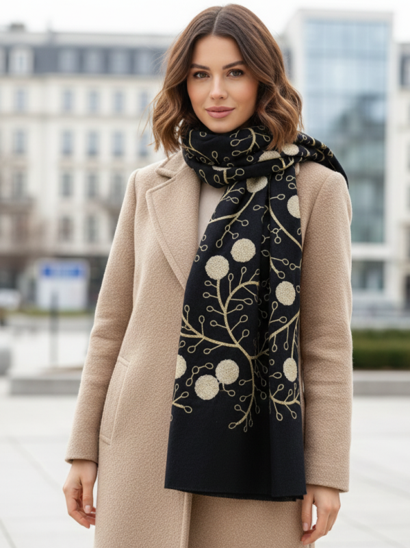 Елегантен топъл шал в черно с  луксозна златна бродерия