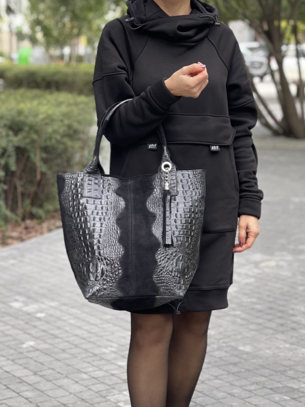 Black crocodile-print suede handbag