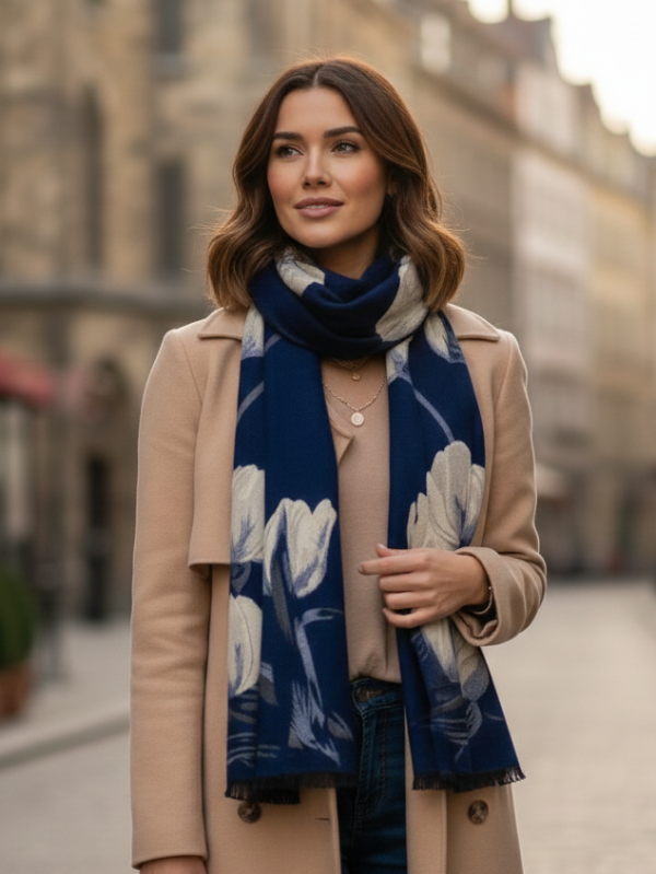 Двулицев дамски шал с  цветен принт в тъмно синьо и бежово