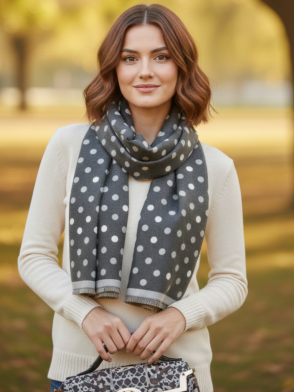 Зимен дамски шал на точки в сиво