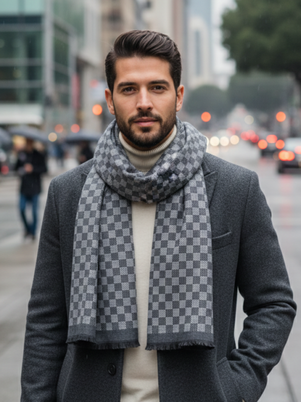 Men's cashmere scarf in gray with check - Winter accessory