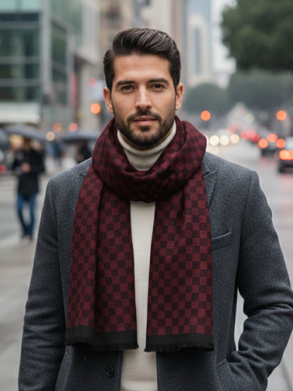 Men's cashmere scarf in burgundy and black with check - Winter accessory
