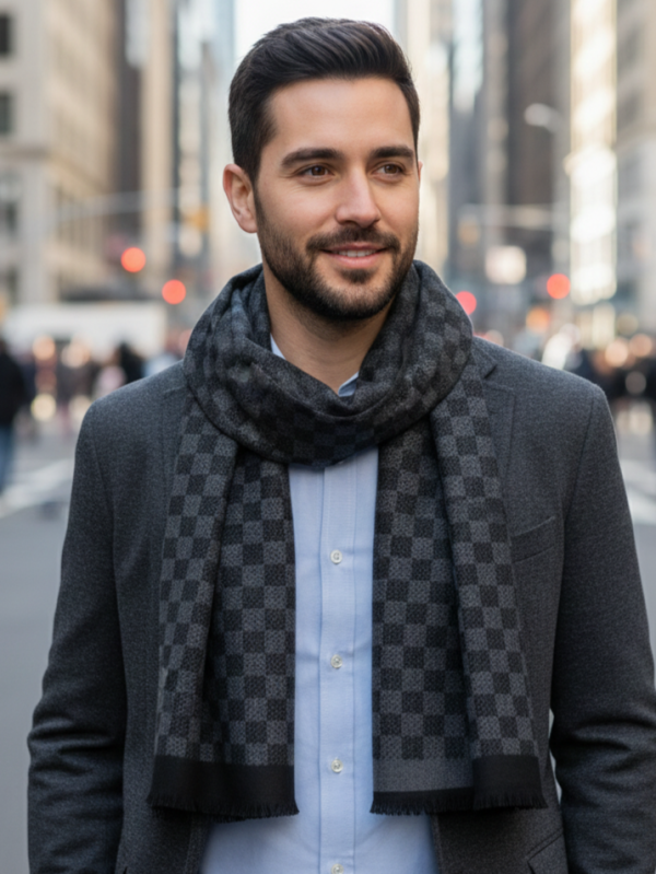 Men's cashmere scarf in gray and black with check - Winter accessory