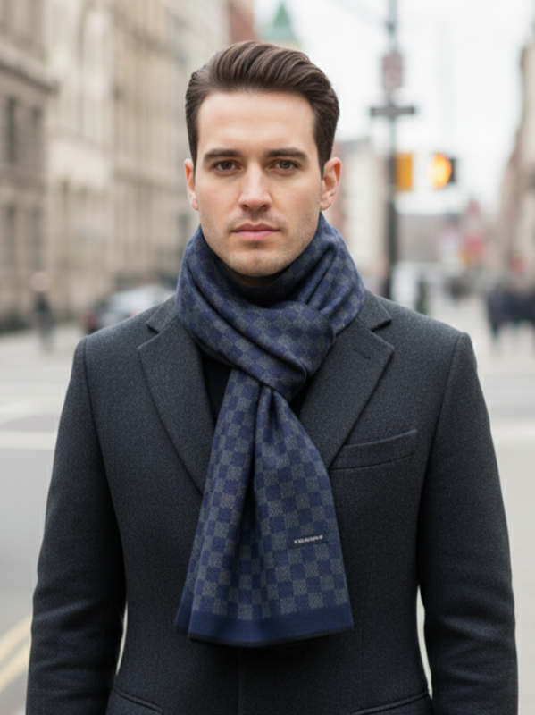 Men's cashmere scarf in gray and blue with check - Winter accessory