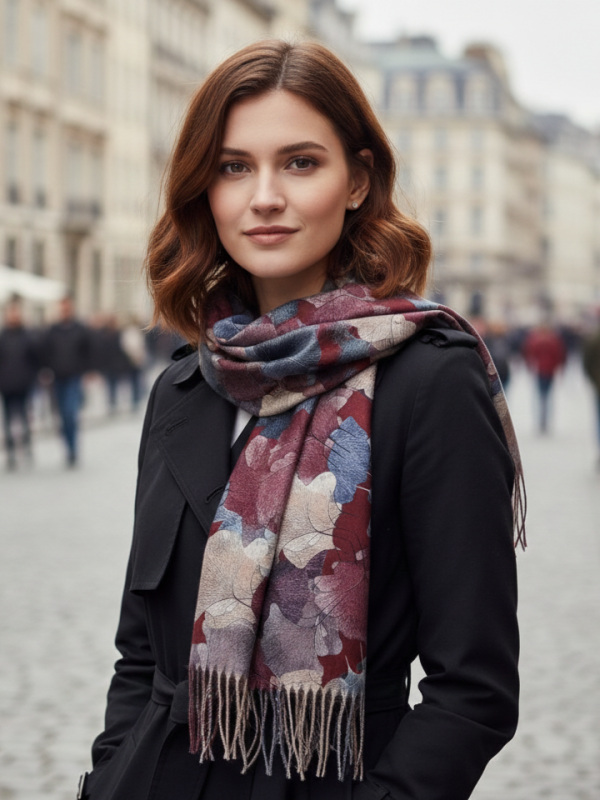 Elegant women's scarf with leaf print - in burgundy 