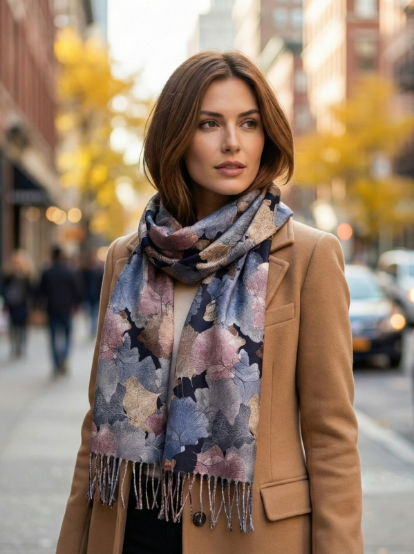 Elegant women's scarf with leaf print - in dark blue 