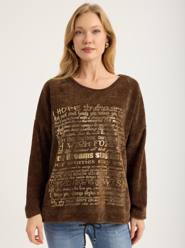 Brown ribbed blouse with gold lettering | Everyday fashion by Unique Fashion