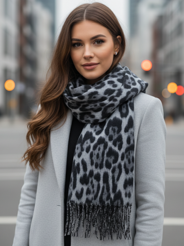 Woman wearing a coat and leopard scarf