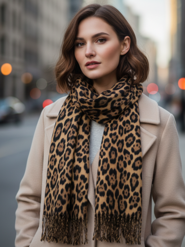 Woman wearing a coat and leopard scarf