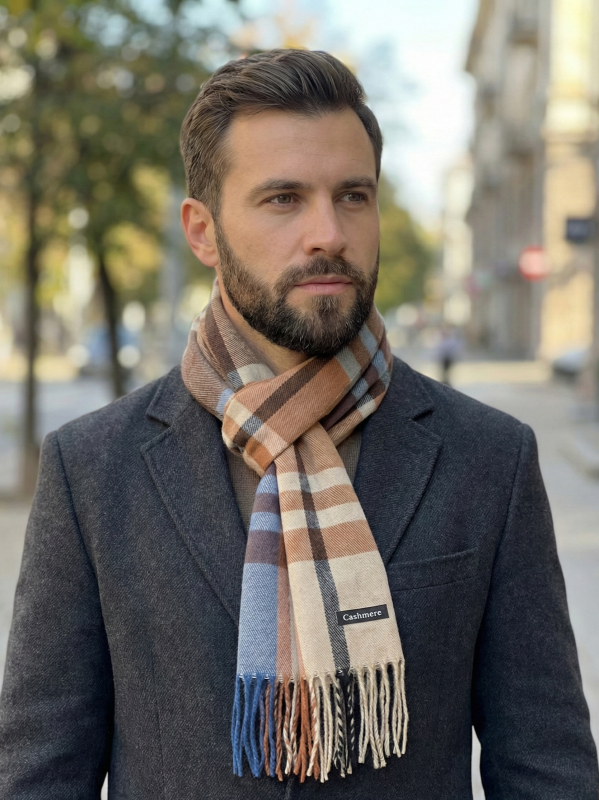 Man wearing a plaid coat and scarf