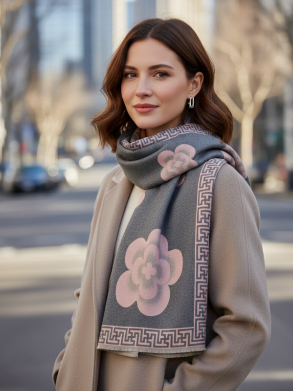 Elegant Women's Winter Scarf – Grey with Pink Flowers and Geometric Border