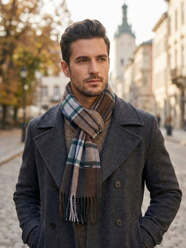 Мъжки кашмирен  шал "London Style" – Каре в Кафяво и Зелено
