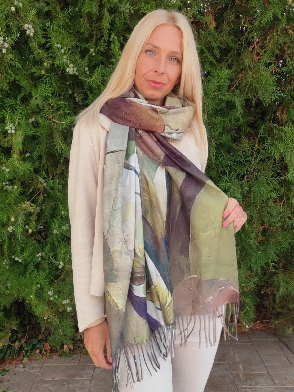 Cashmere scarf "Golden Autumn" with artistic flowers