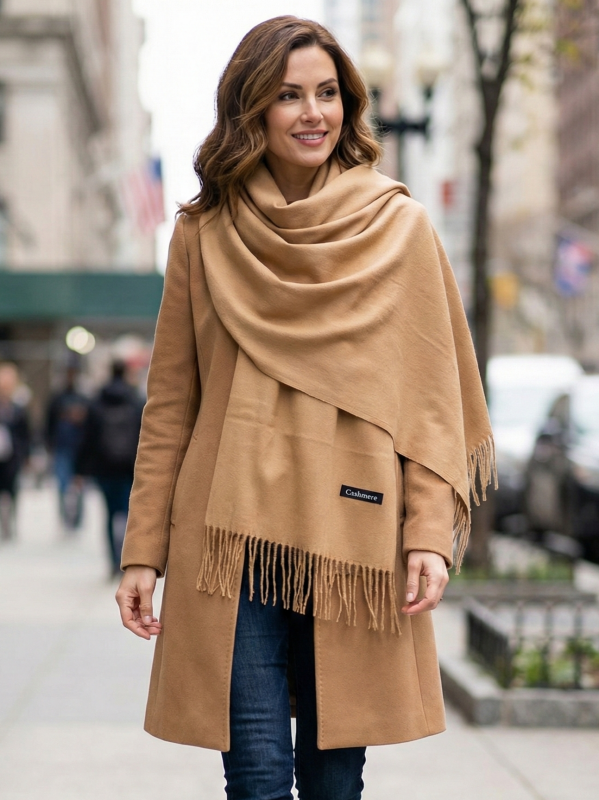 Едноцветен шал от кашмир в светло кафяво   | UniqueFashion