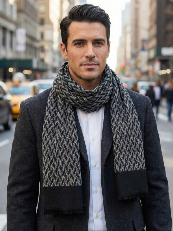 Man wearing a geometric print jacket and scarf