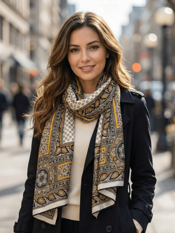 Жена облечена с Елегантен дамски шал от 100% вискоза с пейсли мотиви в бяло и златисто.