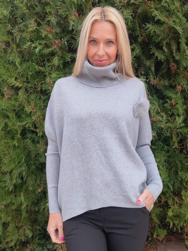 Сив дамски пуловер с поло чка