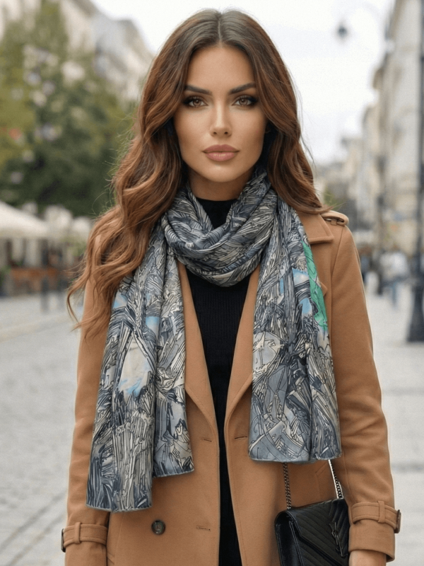 Maxi Scarf with Silk – Print "Mystical Unicorn and Crystals" with Grey 
