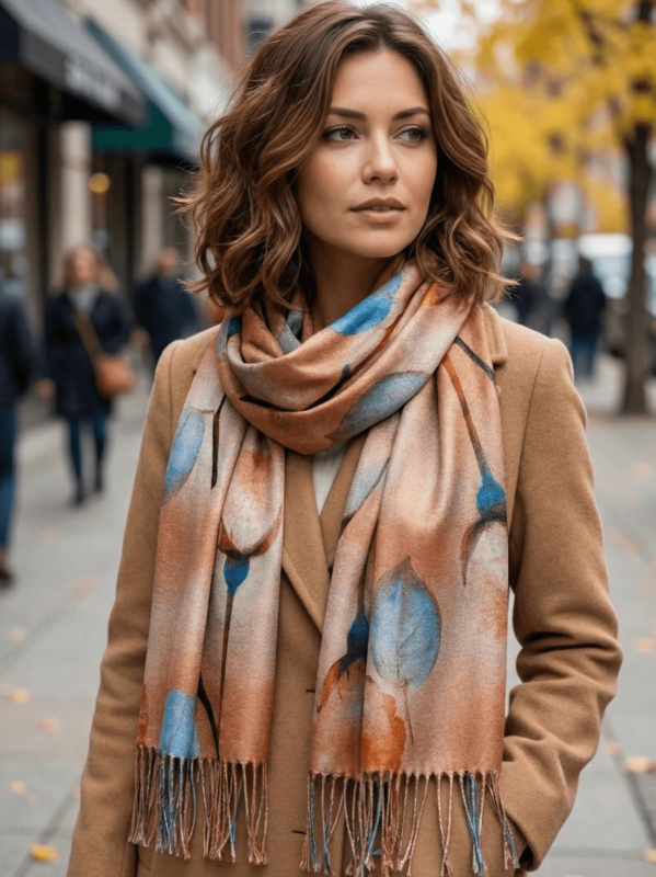 "Елегантен дамски шал с лъскава нишка и акварелен флорален принт в синьо и бронзово"
