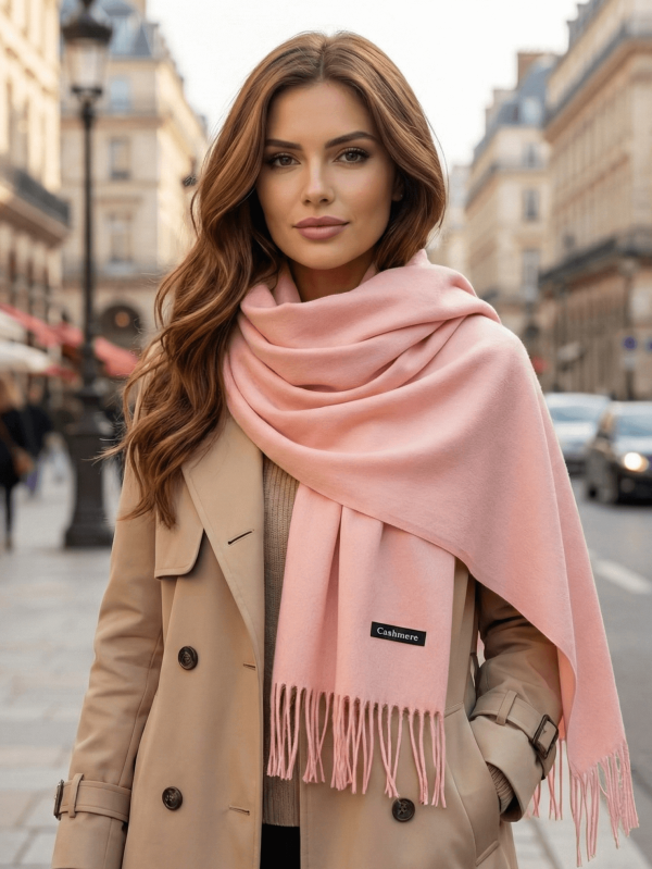 Едноцветен шал от кашмир в розово  | UniqueFashion