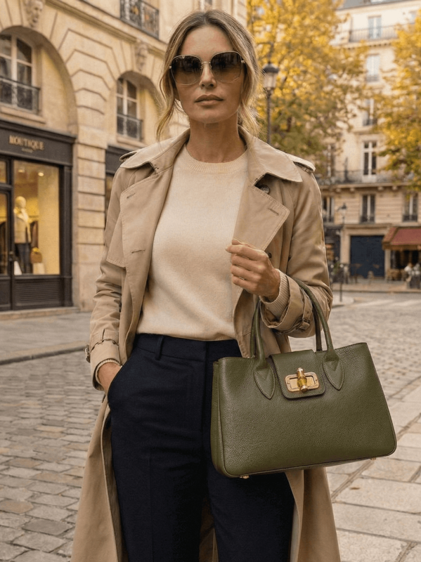 Италианска чанта от естествена кожа с бамбуково закопчаване – Зелена