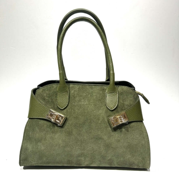 Италианска дамска чанта от естествен велур и кожа – Маслинено зелено