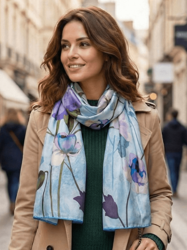 Стилна жена с бежов тренчкот и син копринен шал на търговска улица.