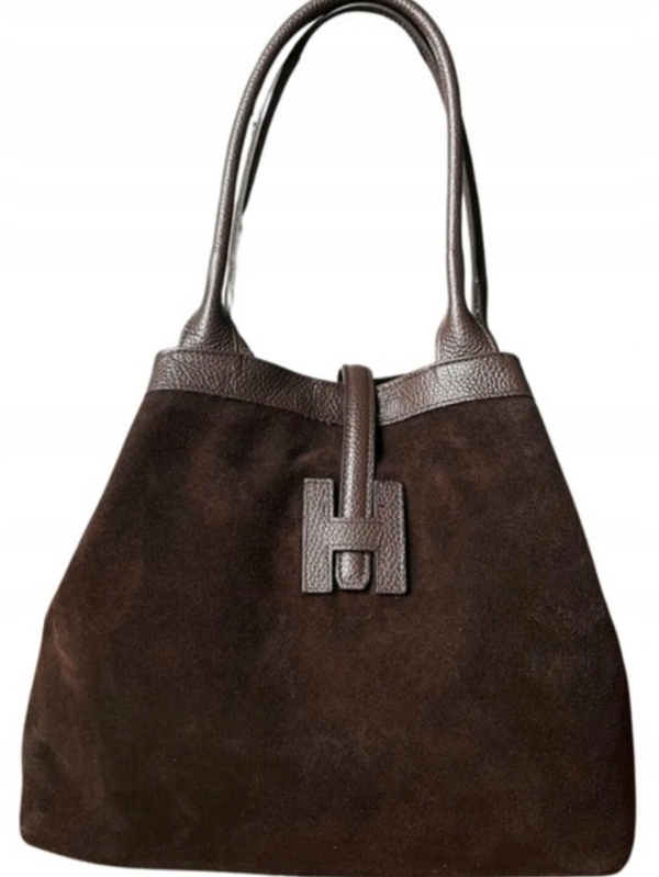 Италианска дамска чанта от естествен велур и кожа в кафяво