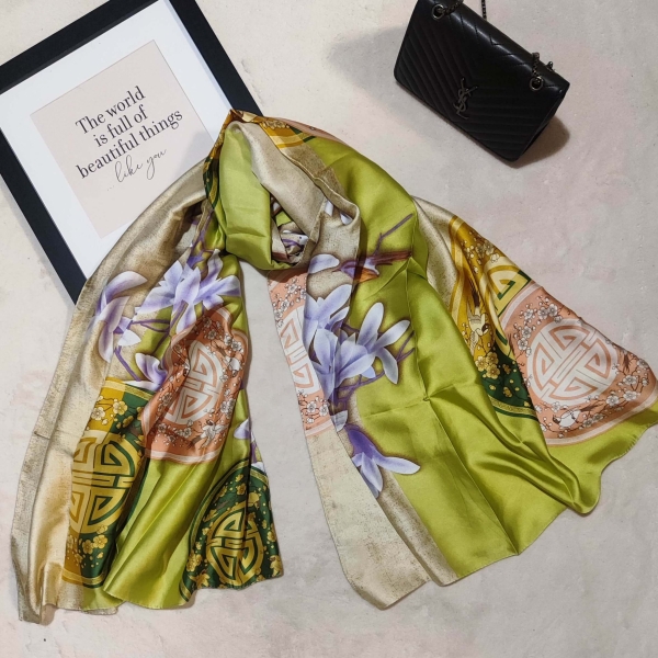 Large green satin scarf with purple flowers and oriental medallions, viscose and silk