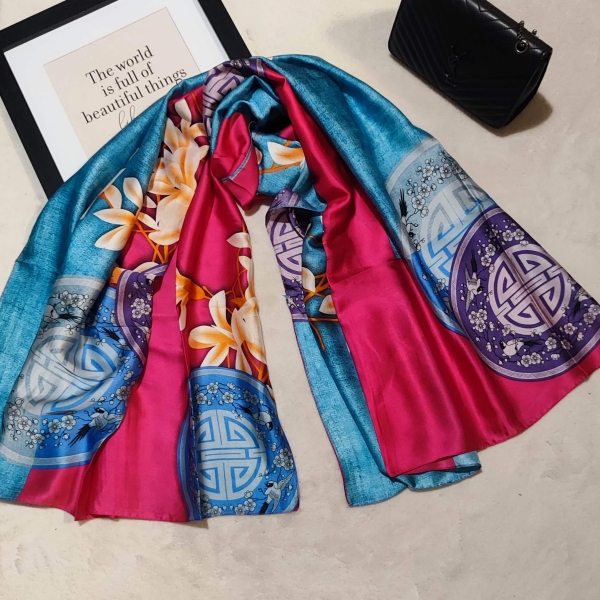 Large satin scarf in pink and blue with oriental ornaments, viscose and silk