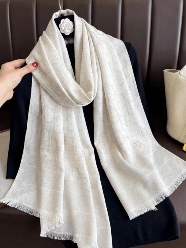 White women's scarf with letters and shiny thread, luxurious viscose accessory