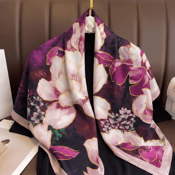 Women's double-sided scarf, purple color with burgundy shades, large white flowers with a golden outline, elegant scarf made of viscose and silk 70x70 cm.