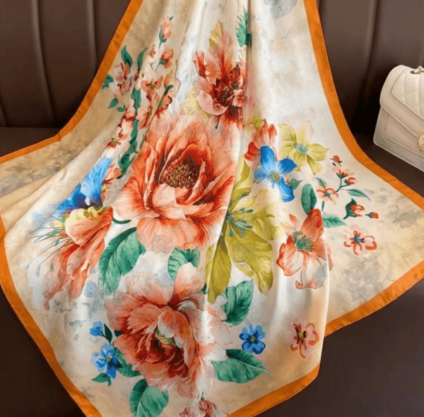 Elegantly draped fine viscose and silk scarf with flowers