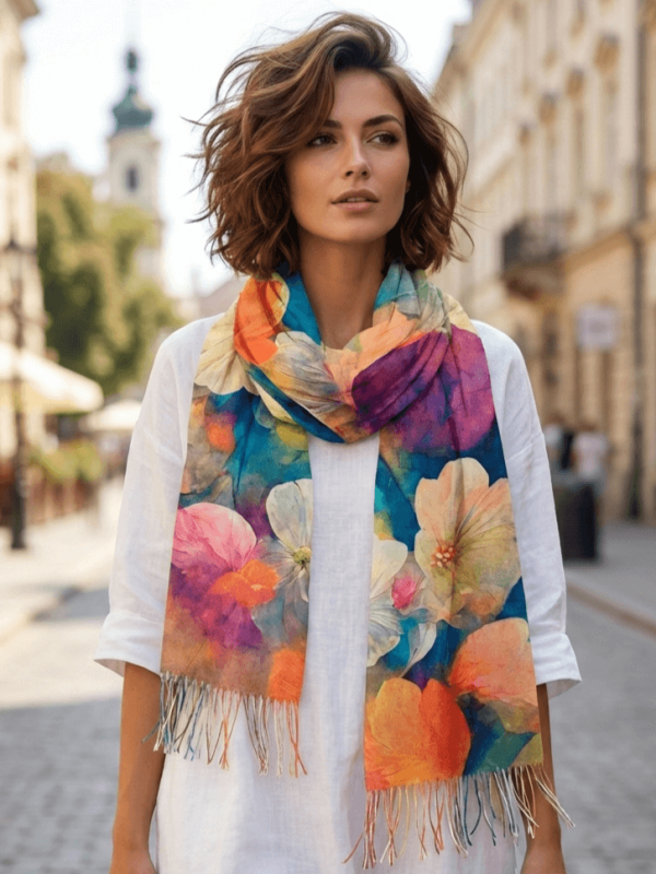 Цветен памучен шал 180/70 см с живописен принт на цветя и ресни.