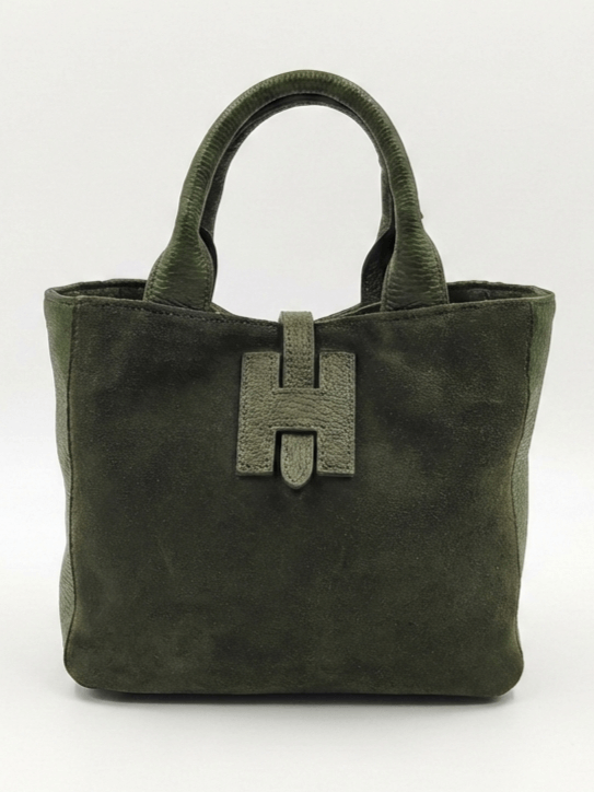 Small dark green 2-in-1 handbag made of genuine leather and suede